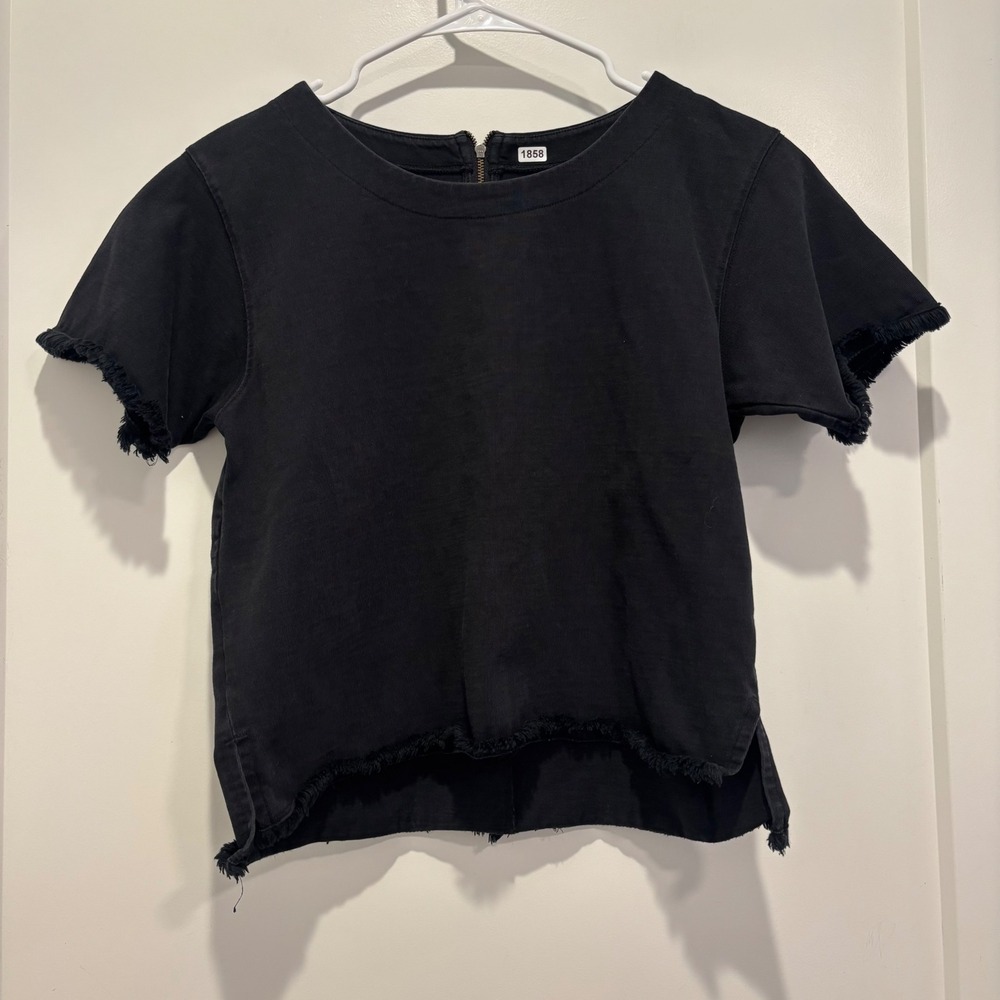 Madewell Womens Small Black Frayed Hem Short Sleeve Zipper Back Crop Top 1858